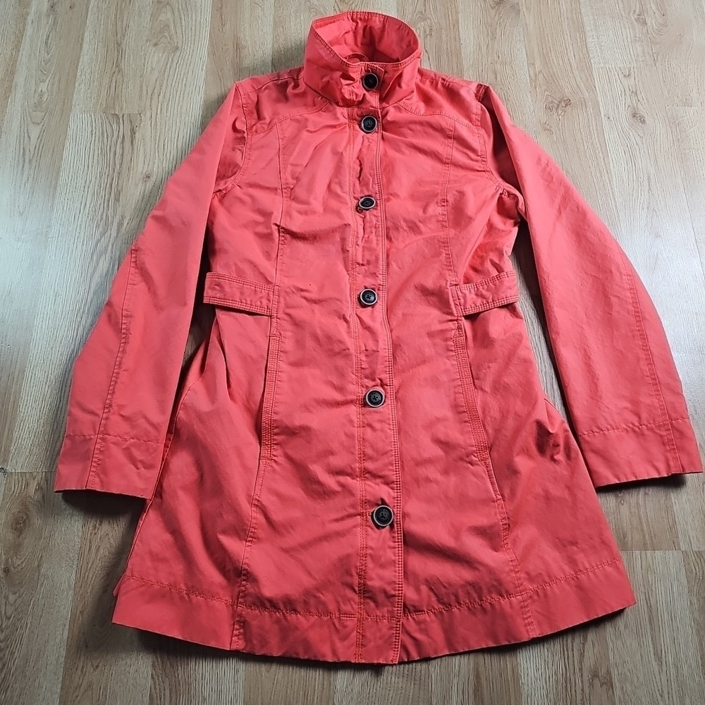 Eddie Bauer Coral Pink Long Trench Rain Coat Jacket Medium Button Front Outdoor
